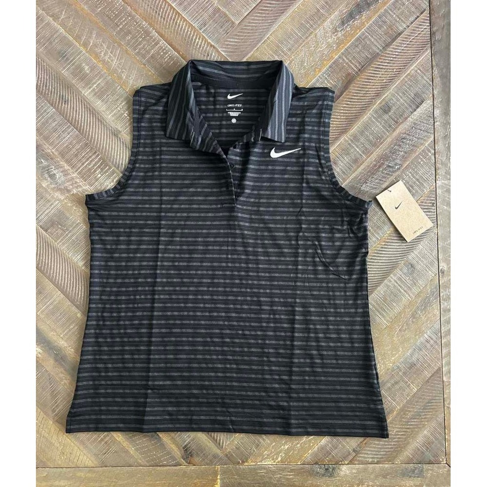 Nike Golf Womens Dri-FIT Sleeveless Polo Black Striped FQ1824-010 Large NWT